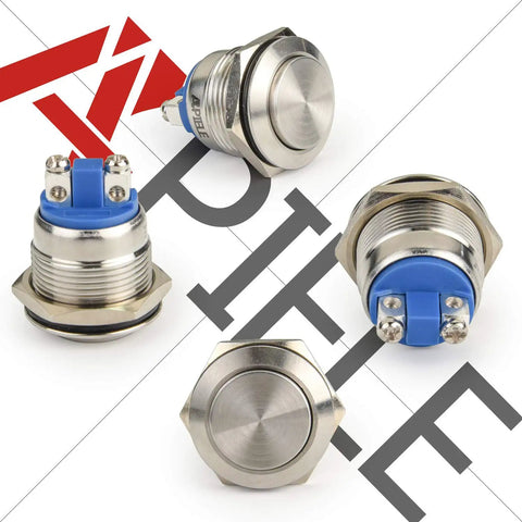 19mm Momentary Push Button Switch Waterproof Stainless Steel High Round Cap With High Flush Screw Terminals 250V 5A 1NO SPST
