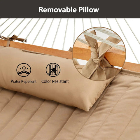Close-up of Outdoor Double Hammock With Hardwood Spreader Bars, Ultra Comfy 475 Lbs Capacity For Two, showing removable pillow.