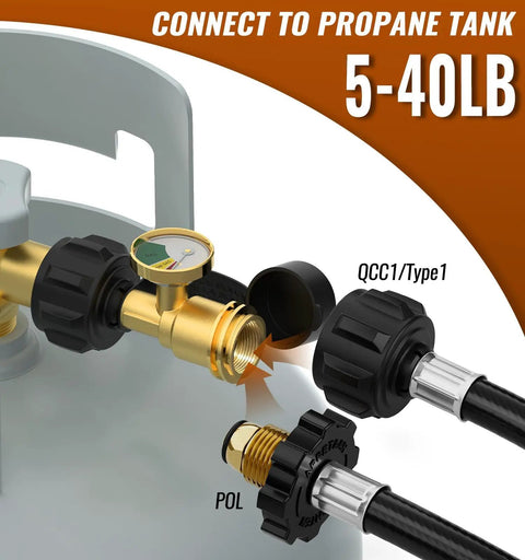 Propane Tank Gauge For RV And Camper Use, Barbecue Grill, Heater, And Fire Pit With Luminous Dial And Real Time Remaining Quantity Monitor, Easy QCC1 Type1 Connection on 5-40 lb tank