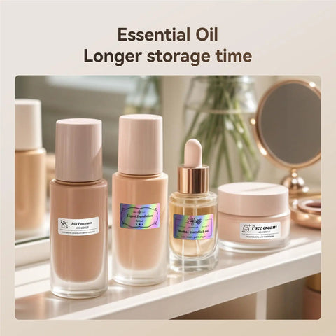 Holographic Thermal Transfer Labels 1.57 Inch By 0.78 Inch 40x20mm on beauty product bottles and jars on a vanity table