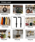 Rock Solid Black L Shape Screw Hooks Heavy Duty Wall Mount Hangers Super Durable Rust Proof Steel Cup Hooks For Shed Garden Patio Closet Storage Solutions 20 Pieces shown in various use cases for hanging items.