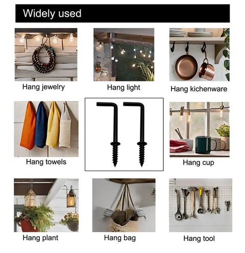 Rock Solid Black L Shape Screw Hooks Heavy Duty Wall Mount Hangers Super Durable Rust Proof Steel Cup Hooks For Shed Garden Patio Closet Storage Solutions 20 Pieces shown in various use cases for hanging items.