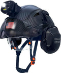 Side view of Built Tough Hard Hat With Integrated Headlamp For All Day Comfort And Visor, ventilated adjustable ear muffs.