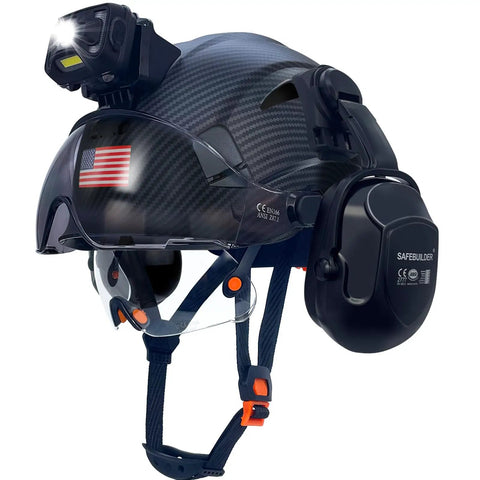 Side view of Built Tough Hard Hat With Integrated Headlamp For All Day Comfort And Visor, ventilated adjustable ear muffs.