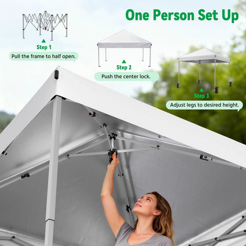 One person setting up 10x10 Pop Up Canopy Tent With Instant One Button Setup Carry Bag Four Sandbags And Eight Stakes Lightweight Outdoor Shade For Parties, Camping, Markets And Events White