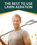 Man holding Lawn Core Aerator Tool Manual Dethatching And Soil Aeration Heavy Duty Garden Aerator against fall foliage background.