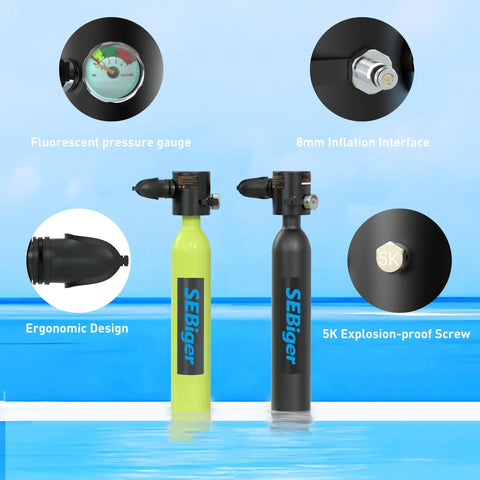 Image of Mini 0.5 Liter Scuba Tank Pony Bottle with DOT Certification, detailing fluorescent pressure gauge, ergonomic design, and materials.
