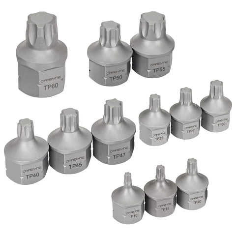 Stubby Low Profile Torx Plus Socket Set, 12-Piece, Dual Drive Internal Square and External Hex for Tight Spaces, Covers TP10 IP10 to TP60 IP60, S2 Steel, Genuine Licensed Torx Plus displayed in an array.