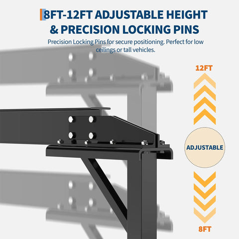 Close-up of Built To Last Heavy Duty Adjustable Gantry Crane showing 8ft-12ft height adjustment mechanism and locking pins.