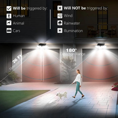 2 Pack Solar Flood Lights For Exterior Porches And Garages Featuring Adjustable Triple Heads And Quick Trigger Motion Sensors That Deliver Wire Free Illumination During Tailgate Nights Or Walks