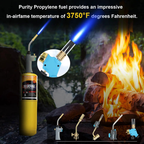 Modern MAPP Gas Substitute For Torch Work, 14.1 Oz Propylene Cylinder, 99.9 Percent Purity next to a roaring campfire.