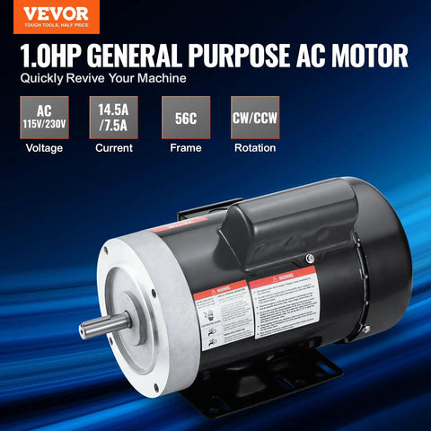 Workhorse 1HP Electric Motor With Reversible CW CCW Rotation For Air Compressors And Farm Machinery, 1725 RPM, 56C Frame, Five Eighth Inch Keyed Shaft, Single Phase 115V Or 230V displayed on blue background