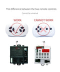 Comparison of 2.4GHz Bluetooth remote controls for kids ride on cars showing working and non-working types with control boxes.