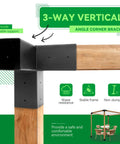 3-Way Right Angle Pergola Brackets Kit for 4x4 Posts, showcasing vertical angle bracket with stable wood frame image