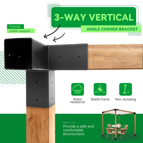 3-Way Right Angle Pergola Brackets Kit for 4x4 Posts, showcasing vertical angle bracket with stable wood frame image