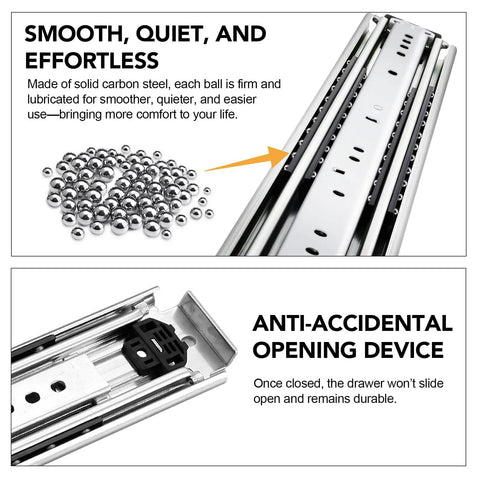Illustration of 72 Inch Beefy Heavy Duty Drawer Slides 500 Lbs Side Mount Locking Full Extension Ball Bearing Glides, steel construction.