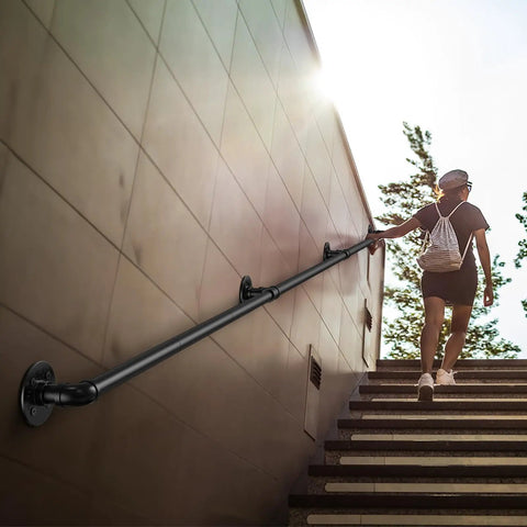 Badass Industrial Pipe Handrail For Indoor Or Outdoor Living Spaces Rock Solid Wall Mount Stair Rail on outdoor stairs.