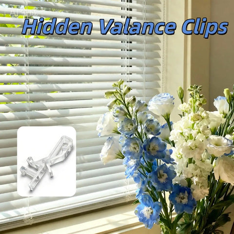 20 Piece Hidden Channel Valance Clips For One Seven Eighth Inch Blinds with transparent design, mounted in living space with flowers.