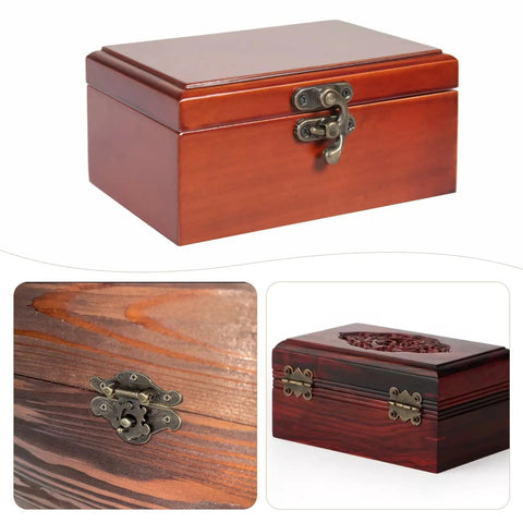 Retro Jewelry Box Hardware Kit 108 Pieces with antique brass hinges on wood jewelry boxes and decorative cabinets detail.