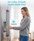 Woman using refrigerator water filter, compatible with Samsung Da29-00003G, shows leak-free use, part of Three Pack Refrigerator Water Filter Replacement For Samsung Da29-00003G Da29-00003A Da29-00003B Da29-00003D HAFCU1 AP4444333 Aqua-Pure Plus Compatible Filter For Samsung Refrigerators.
