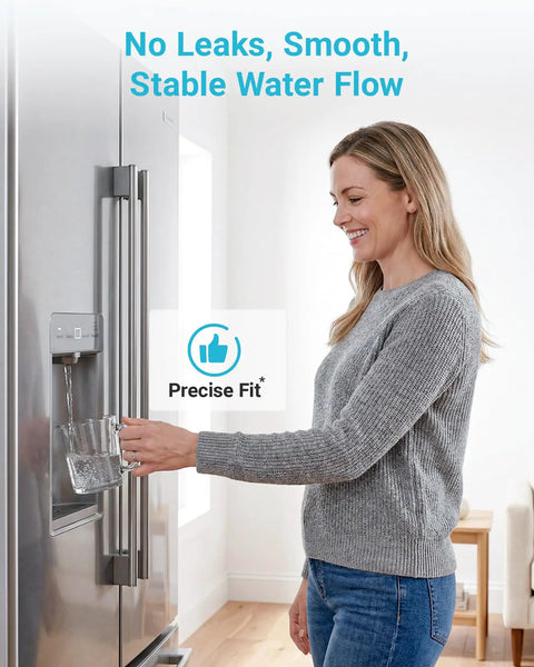Woman using refrigerator water filter, compatible with Samsung Da29-00003G, shows leak-free use, part of Three Pack Refrigerator Water Filter Replacement For Samsung Da29-00003G Da29-00003A Da29-00003B Da29-00003D HAFCU1 AP4444333 Aqua-Pure Plus Compatible Filter For Samsung Refrigerators.