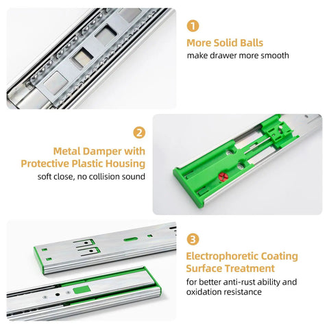 20 Inch Full Extension Drawer Slides With Soft Close, steel ball bearing rails with soft-close damper for kitchen cabinets