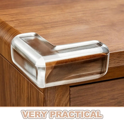 Clear PVC Furniture Corner Protectors, 4 Pack on wooden table edge, easy install edge guards for tables and desks, kid safe