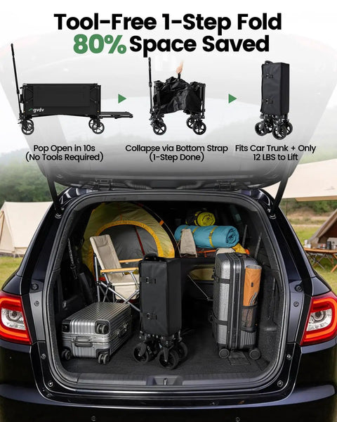 Foldable Wagon Cart With Tailgate And 42 Inch Extended Handle for Easy Pull stored in car trunk with camping gear.