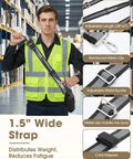 Person wearing Rugged Radio Holster Set With Adjustable Wide Reflective Strap Metal Clips And Movable Mic Holder Anti Sway Strap