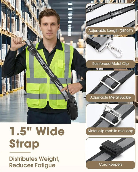 Person wearing Rugged Radio Holster Set With Adjustable Wide Reflective Strap Metal Clips And Movable Mic Holder Anti Sway Strap