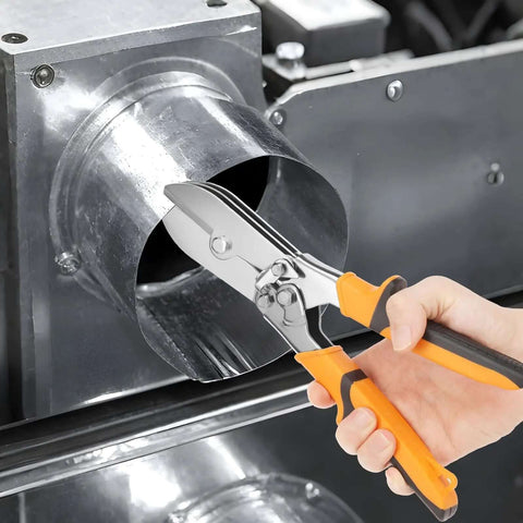 Carbon Steel 5 Blade Hand Crimper for gutter and ductwork crimping tool used on metallic surface with orange handles