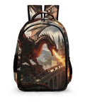Castle Fire Wyrm Printed Unisex Backpack with large capacity, featuring a dragon and castle design, durable polyester, sturdy zipper