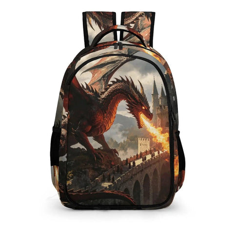 Castle Fire Wyrm Printed Unisex Backpack with large capacity, featuring a dragon and castle design, durable polyester, sturdy zipper