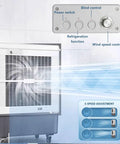 Control panel of Built Tough Shop Grade Evaporative Air Cooler With Three Speed Fan Blades And Roll Away Casters for cooling.