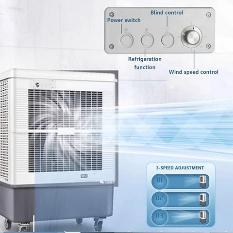 Control panel of Built Tough Shop Grade Evaporative Air Cooler With Three Speed Fan Blades And Roll Away Casters for cooling.