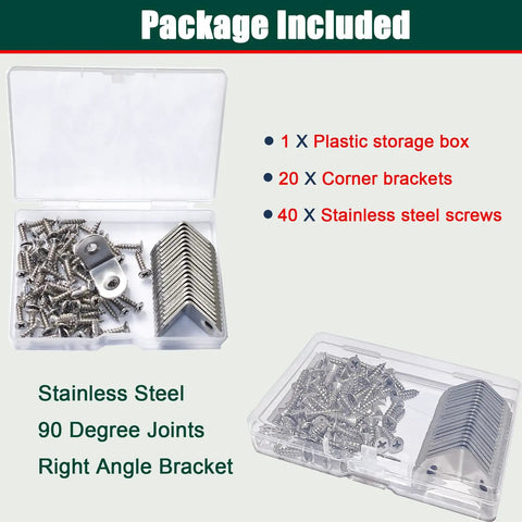 20 Pack L Bracket Corner Brace Set In Stainless Steel 30mm By 30mm 2mm Thick Right Angle Joints With Rust Resistant Round Ends Countersunk Holes Includes 40 Screws For Wood Cabinets And DIY Furniture Projects packaging