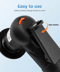 Close-up of black handheld mini pneumatic chamfering tool with orange start switch and safety buckle