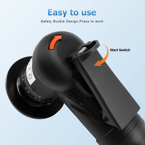 Close-up of black handheld mini pneumatic chamfering tool with orange start switch and safety buckle