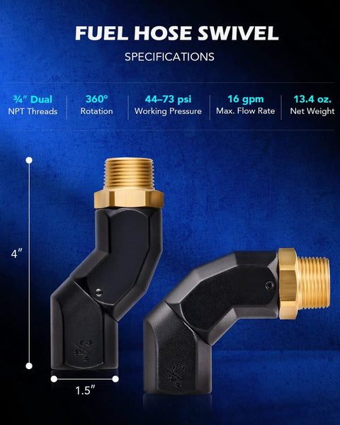 360 Degree Fuel Hose Swivel Kit With Three Quarter Inch NPT Threads For Easy Angling Safer And Faster Fueling No Fuss Multi Plane Rotation Leak Resistant Nozzle Connection Compatible With Most Three Quarter Inch Fuel Hoses And Nozzles, black 3/4 NPT fuel hose swivel