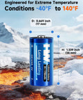 Kick Ass Heavy Duty CR123A 3V Lithium Batteries 6 Pack With 1700MAH Killer Capacity For Smoke Detectors Rangefinders Tactical Flashlights And Safety Devices Dead Reliable Leak Proof Power You Really Need in extreme temperature conditions showing dimensions.