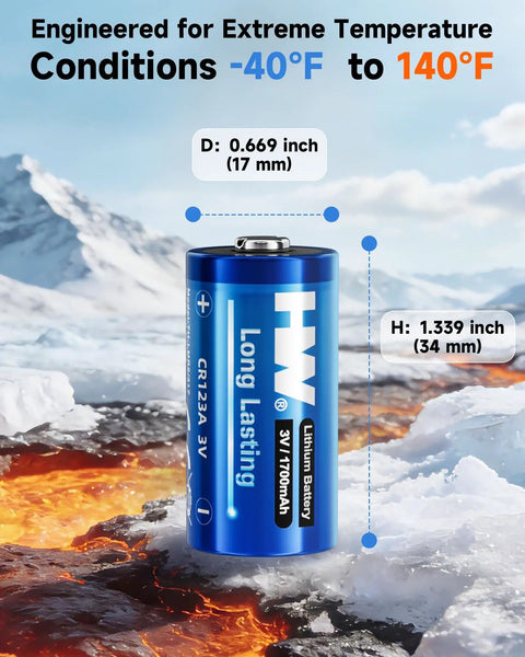 Kick Ass Heavy Duty CR123A 3V Lithium Batteries 6 Pack With 1700MAH Killer Capacity For Smoke Detectors Rangefinders Tactical Flashlights And Safety Devices Dead Reliable Leak Proof Power You Really Need in extreme temperature conditions showing dimensions.