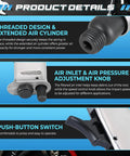 150mm Air Hammer Kit With Four Chisels Pneumatic Chisel Set 4500 BPM details on threaded design, air inlet, push-button switch