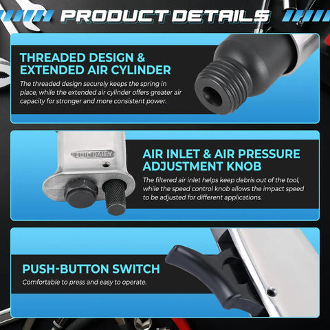 150mm Air Hammer Kit With Four Chisels Pneumatic Chisel Set 4500 BPM details on threaded design, air inlet, push-button switch