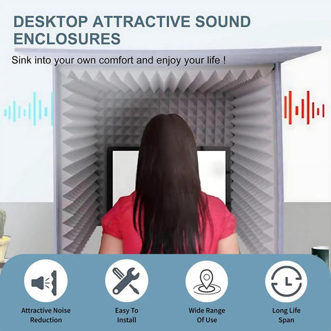 Heavy Duty Foldable Desktop Microphone Booth With 12mm High Density Honeycomb Acoustic Foam Soundproof Vocal Shield For Podcast Recording And Voiceovers That Squash Echo And Nail Your Vocals Every Time, shown in use with a person.