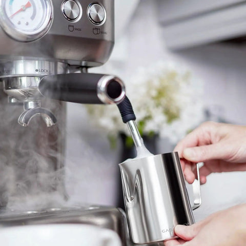 Milk Frothing Pitcher 350ml Stainless Steel With Sharp Spout For Cappuccino And Latte Art Durable Barista Grade Cup In Use
