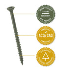 Top Shelf No 10 By 3 Point 5 Inch Torx Deck Screws Flat Out Rust Resistant Green Coating visible with ACQ compatibility icon.