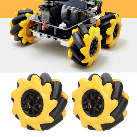 Mecanum wheel set, 60 mm omni-directional robot wheels in yellow with black rollers, four wheels (two pairs)