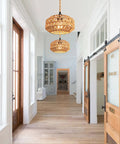 Two Pack Mini Rattan Plug In Pendant Lights Hand Woven Boho Ceiling Fixture With Switch Easy Install Home Upgrade For Bedroom Entryway Hallway Cozy Vibes in a bright hallway.