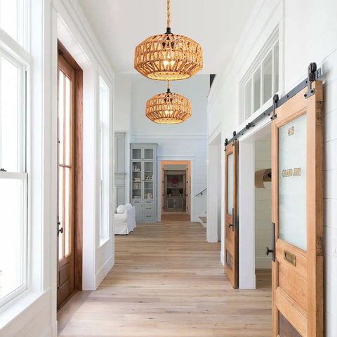 Two Pack Mini Rattan Plug In Pendant Lights Hand Woven Boho Ceiling Fixture With Switch Easy Install Home Upgrade For Bedroom Entryway Hallway Cozy Vibes in a bright hallway.