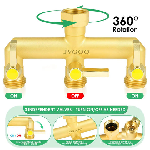 Heavy Duty Brass Garden Hose Splitter Three Way With Metal Shutoff Valve And Extension Handle Three Quarter Inch Connection Outdoor Faucet Spigot Manifold for 3 hoses